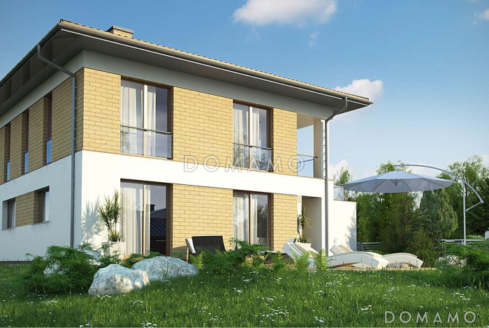 Проект современного двухэтажного дома из газобетона балконом, лоджией и открытой террасой над двухместным гаражом