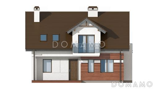 Проект одноэтажного мансардного дома из кирпича с кабинетом, эркером и балконом / Фасад 1