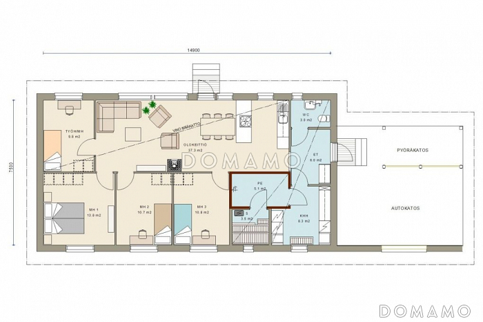 Проект каркасного дома с навесом для машины / План 1 этажа