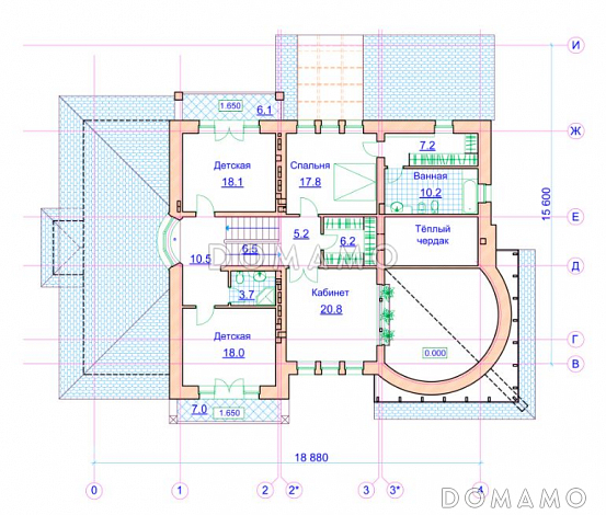 Проект коттеджа с круглой двусветной гостиной и гаражом / План 2 этажа