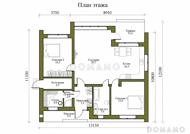 Проект одноэтажного дома в стиле Хай-тек с панорамным остеклением / План 1 этажа