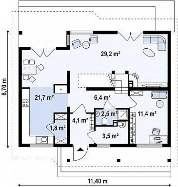 Проект одноэтажного мансардного дома из кирпича с кабинетом и тремя комнатами / План 1 этажа