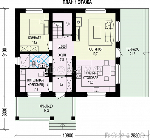 Проект двухэтажного дома в стиле шале из газобетона и бруса / План 1 этажа