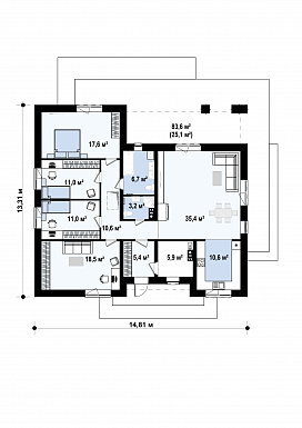Проект одноэтажного дома из газобетона с тремя спальнями и кабинетом / План 1 этажа
