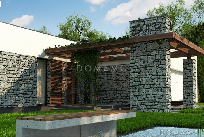 Проект современного одноэтажного углового дома из кирпича с плоской крышей, барбекю на террасе и двухместным гаражом