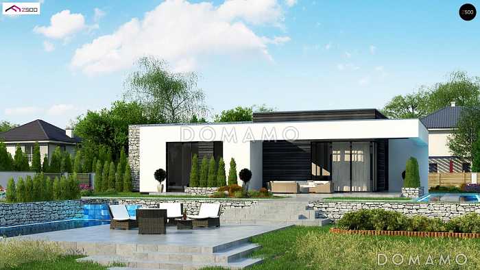 Проект современного одноэтажного дома из кирпича с плоской крышей, с тремя спальнями, кабинетом и внутренним двориком