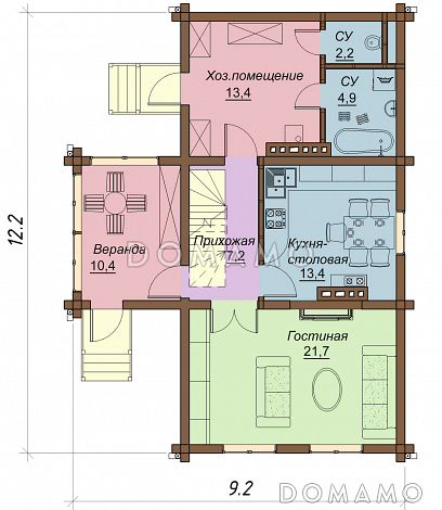 Проект одноэтажного дома из бруса с мансардным этажом и верандой / План 1 этажа