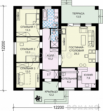 Проект одноэтажного дома из пенобетона с тремя спальнями, шатровой крышей и комбинированной облицовкой / План 1 этажа