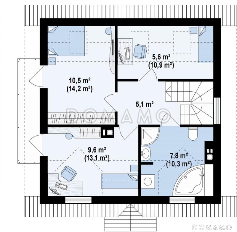Проект одноэтажного мансардного дома из кирпича с тремя спальнями, балконом и красивыми мансардными окнами / План мансардного этажа