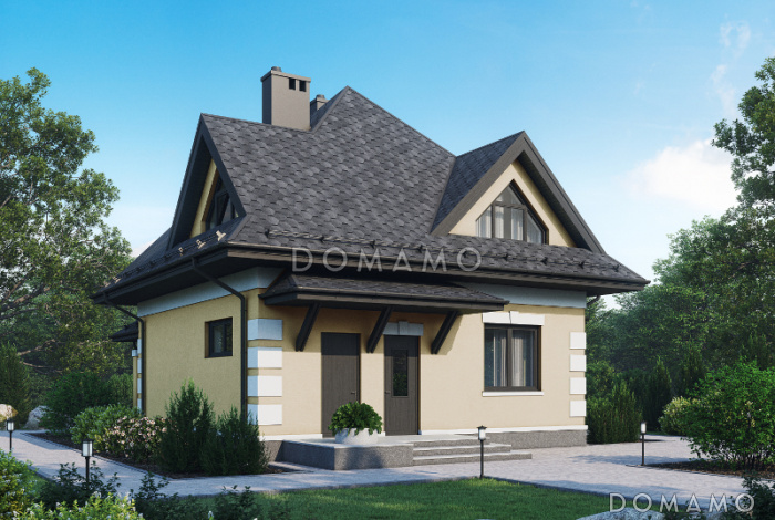 Проект одноэтажного мансардного дома из СИП панелей с тремя спальнями, кабинетом, эркером и крытой террасой