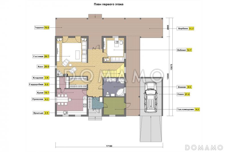 Проект каркасного современного дома с изолированной кухней / План 1 этажа