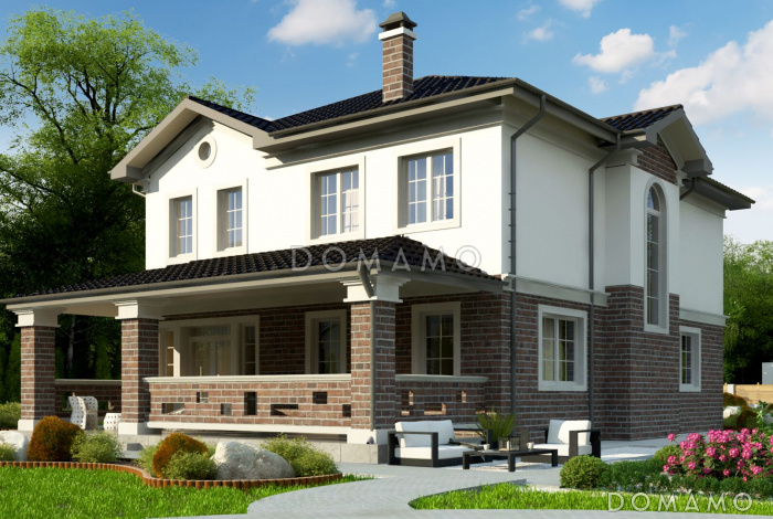 Проект современного двухэтажного дома из газобетона с пятью комнатами и крытой террасой, без гаража