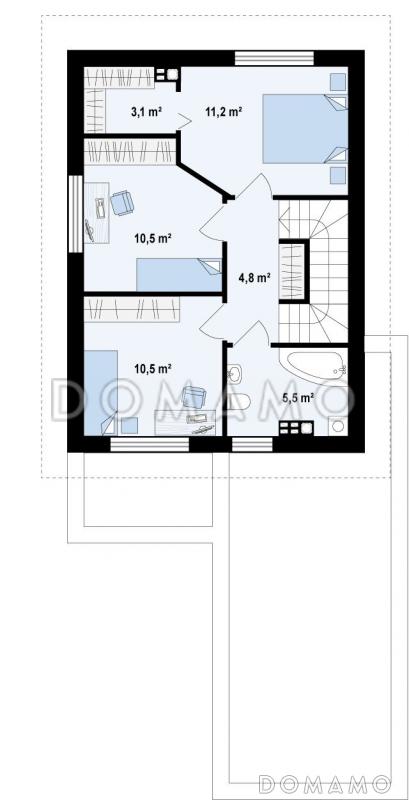 Проект небольшого двухэтажного дома из кирпича с тремя спальнями и балконом, с гаражом / План 2 этажа