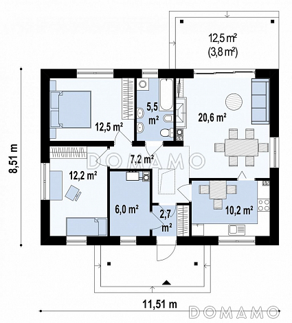 Проект компактного одноэтажного дома из газобетона с двумя спальнями, техническим помещением и изолированной кухней / План 1 этажа