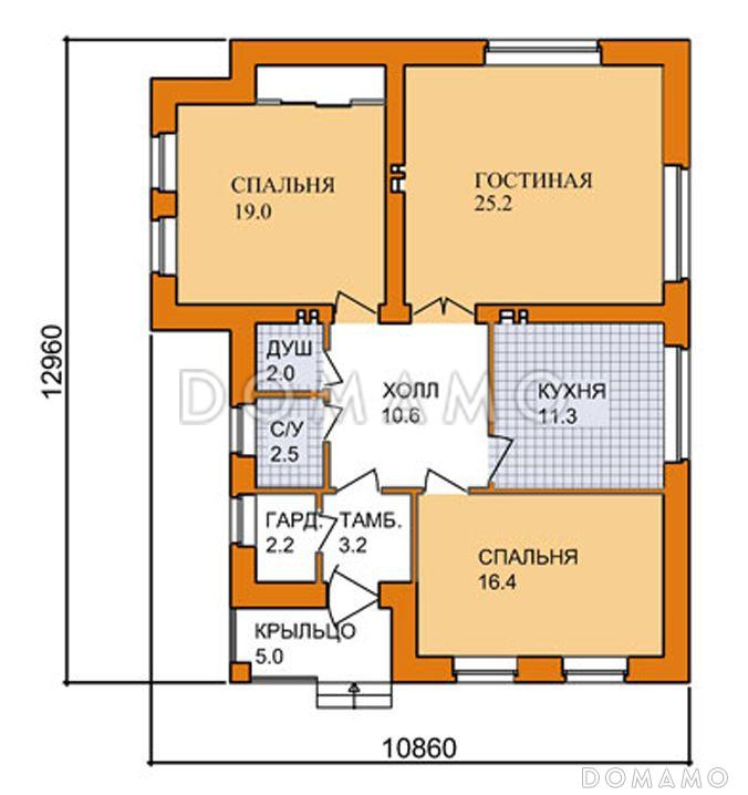 Проект дома из СИП панелей с изолированной кухней, двумя спальнями и небольшой гостиной / План 1 этажа