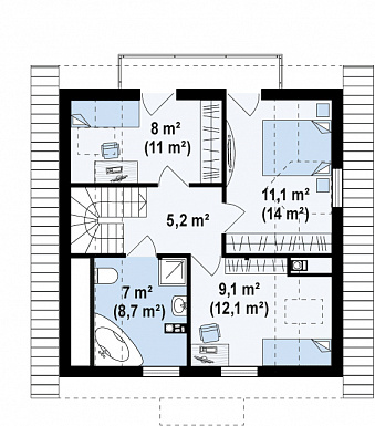 Проект одноэтажного дома из кирпича с отделкой из кирпича с мансардой и просторной гостиной / План мансардного этажа