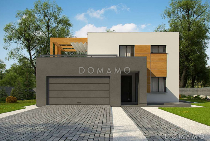 Проект двухэтажного дома из газобетона с плоской крышей, со спальной зоной и террасой на втором этаже и гаражом