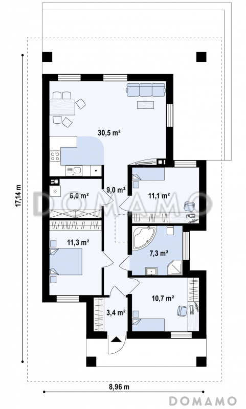 Проект простого комфортного одноэтажного дома из кирпича с тремя спальнями / План 1 этажа