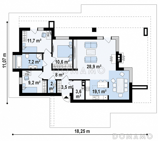 Проект одноэтажного дома из кирпича с плоской крышей, большой площадью остекления и крытой террасой / План 1 этажа