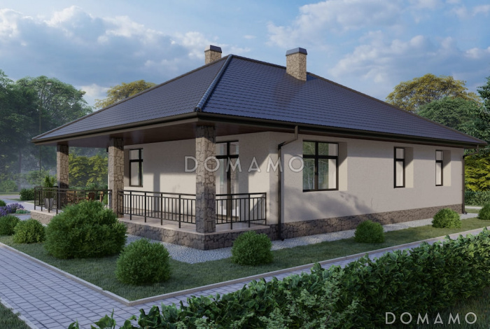 Проект дома из газобетона с большой гостиной, камином и 3 спальнями