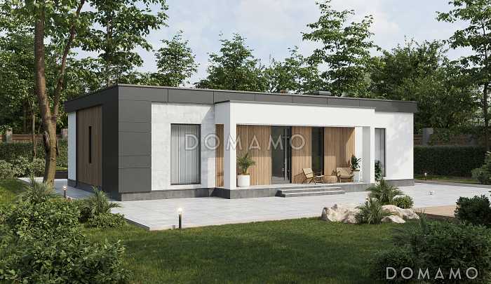 Проект одноэтажного газобетонного дома в стиле хай-тек с двумя спальнями, кабинетом и крытой террасой