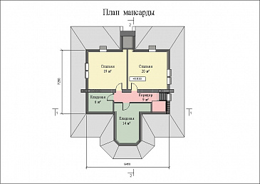 Проект большого двухэтажного дома с цоколем и мансардой,с эркером, сауной и бассейном / План мансардного этажа
