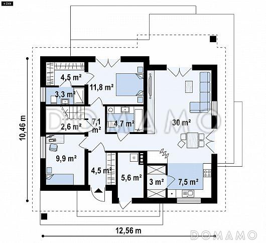 Проект одноэтажного дома с обустроенной мансардой из газобетона с пятью спальнями  / План 1 этажа