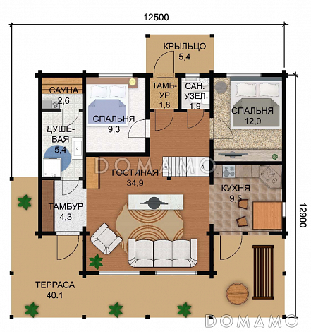 Проект дома из клееного бруса с одной небольшой спальней на мансардном этаже / План 1 этажа