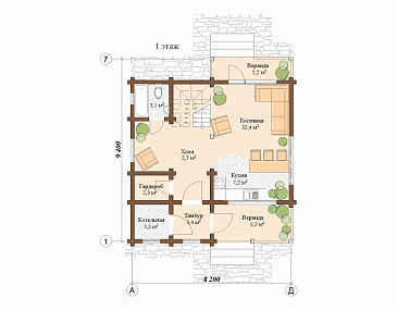 Проект дома из клееного бруса с мансардой и двумя балконами на втором этаже / План 1 этажа