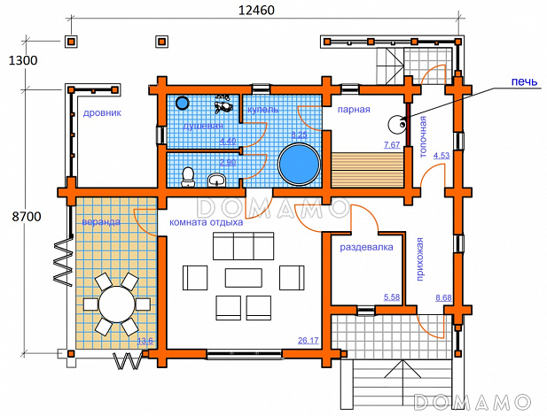 Проект деревянной бани с односкатной крышей / План 1 этажа
