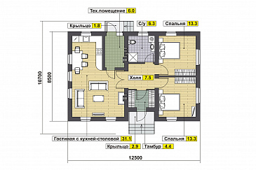 Проект дома по технологии ЛСТК с гостиной, кухней-столовой, спальнями / План 1 этажа