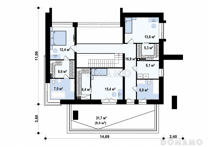 Проект кирпичного дома с кабинетом, гаражом на 2 машины и террасой на втором этаже / План 2 этажа