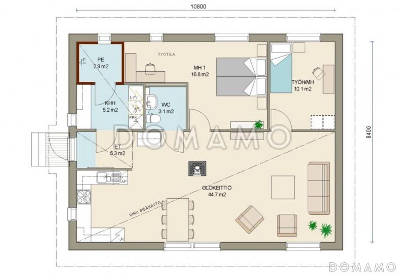 Проект одноэтажного каркасного дома с гостиной совмещенной с кухней / План 1 этажа