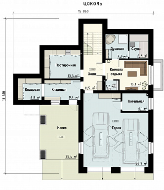 Проект дома с гаражом на 2 машины и навесом, сауной, террасой, кабинетом, детской / План цокольного этажа