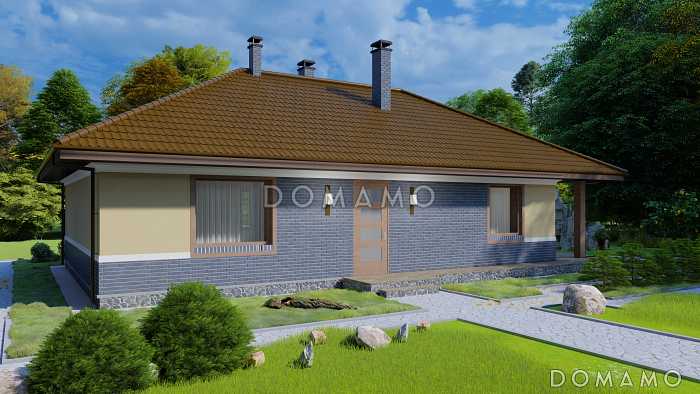 Проект одноэтажного дома с камином в гостиной и крытой террасой