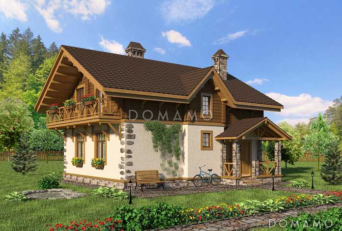 Проект коттеджа шале с террасой и балконом.