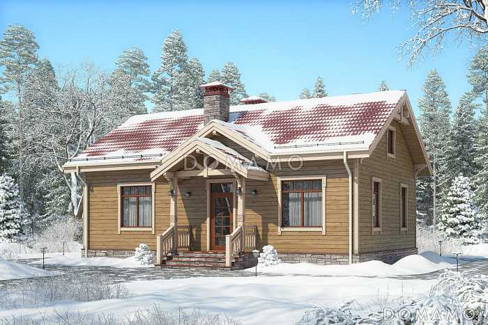 Проект дома с двумя спальнями, гостиной с кухней-столовой, техническим помещением, небольшим холлом и санузлом