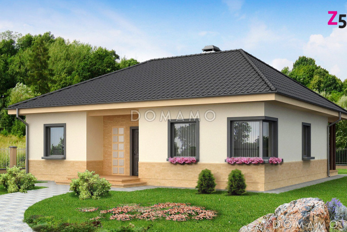 Проект одноэтажного дома из кирпича с тремя спальнями, светлой гостиной и угловым окном в кухне