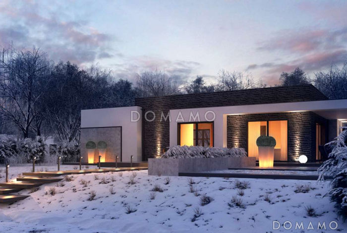 Проект просторного современного одноэтажного углового дома из газобетона с плоской крышей, с гаражом и отделённой спальной зоной