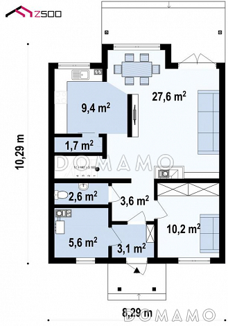 Проект загородного дома с террасой, балконом, кладовой, просторной ванной / План 1 этажа