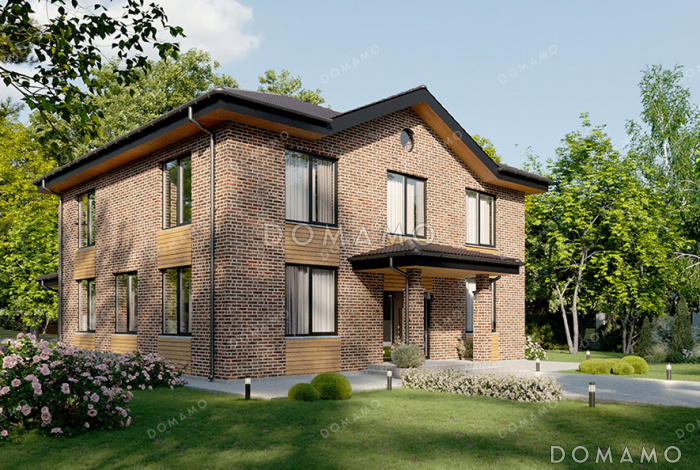 Проект двухэтажного дома, облицованного кирпичом, с 5 спальнями и террасой
