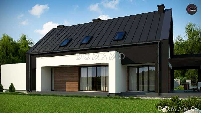 Проект удобного современного одноэтажного мансардного дома из кирпича с гаражом и тремя спальнями на мансарде