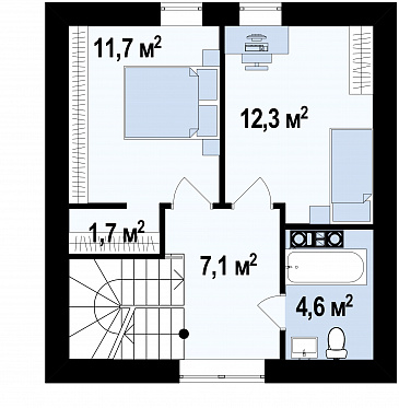 Проект небольшого мансардного дома из газобетона с панорамным остеклением дневной зоны / План мансардного этажа