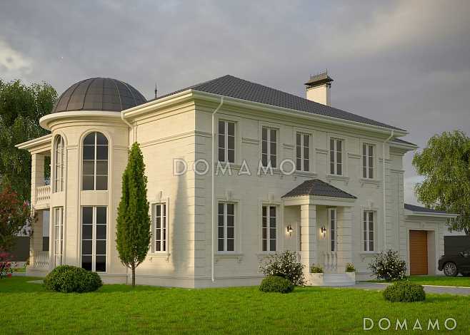 Проект двухэтажного дома в византийском стиле из газобетона с двумя круглыми эркерами и гаражом