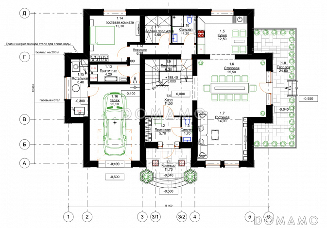 Проект особняка в классическом стиле с 5 спальнями, гаражом и открытой террасой / План 1 этажа