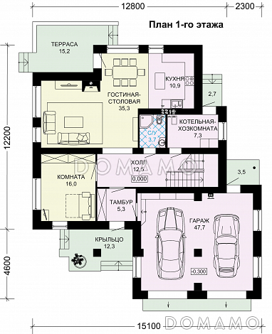 Проект двухэтажного дома из газобетона с окнами в пол в гостиной / План 1 этажа