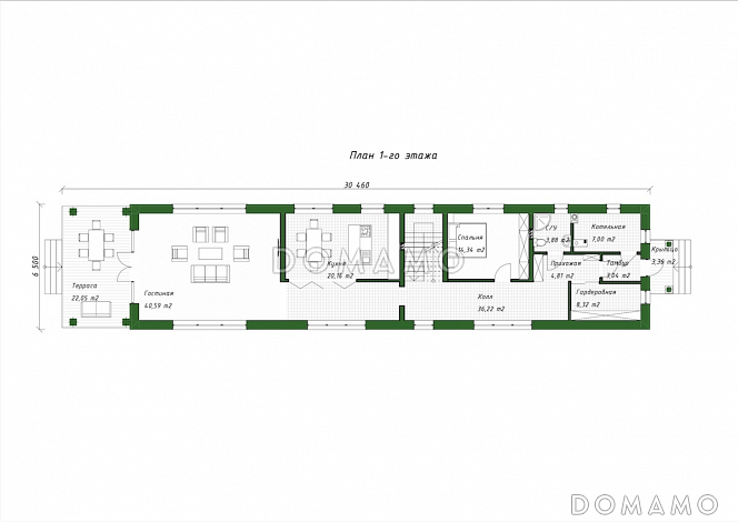 Проект двухэтажного дома из керамоблоков для узкого участка / План 1 этажа