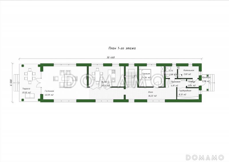 Проект двухэтажного дома из керамоблоков для узкого участка / План 1 этажа