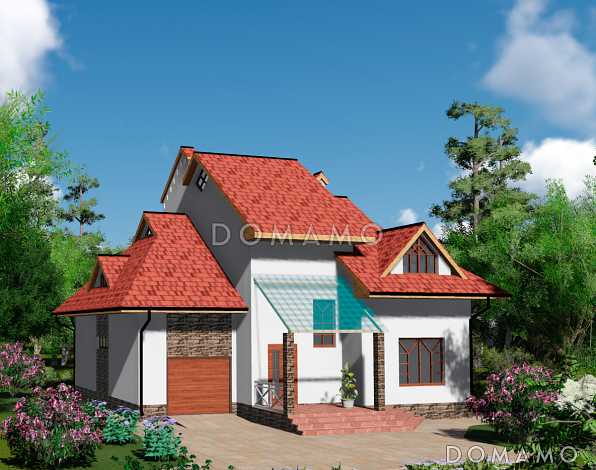 Проект одноэтажного дома с мансардным этажом и встроенным гаражом