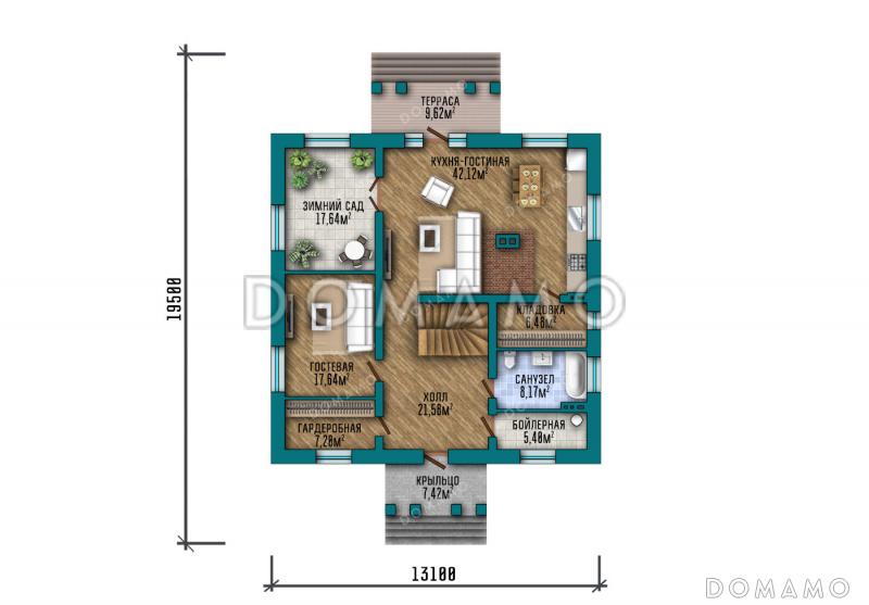 Проект дома с 3 спальнями, зимним садом и кладовой на кухне / План 1 этажа